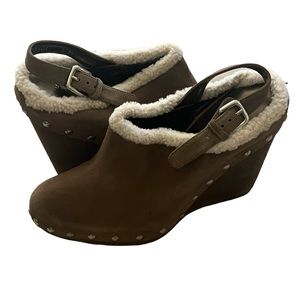 Stuart Weitzman Clogger Wedge Clog Mules Taupe size 8.5 Studded Embellishment
